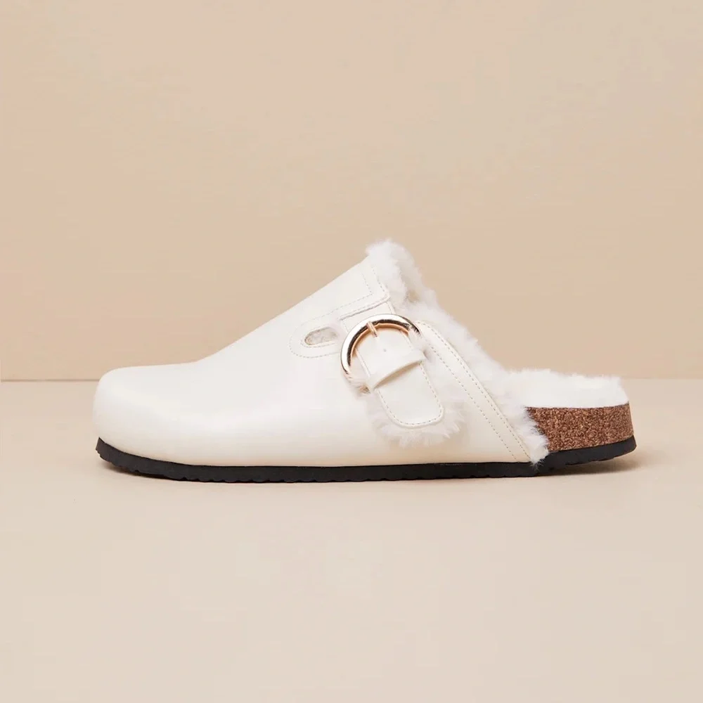 Lulus Carrina Bone Faux Fur Buckle Mule Slides White - Size 10 - Picture 5 of 11